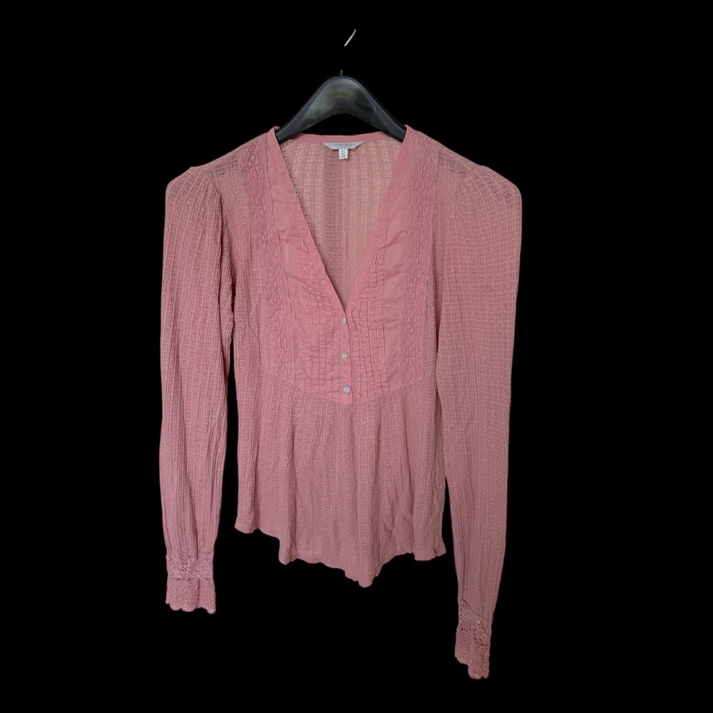 Lucky Brand Women Pink Lace Trim‎ Pointelle Knit Henley Long Sleeve Small *Hole